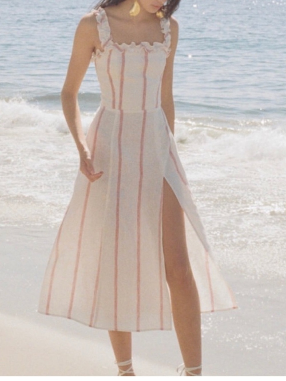Reformation White Midi Dress with Pink Vertical Stripes and Side Slit